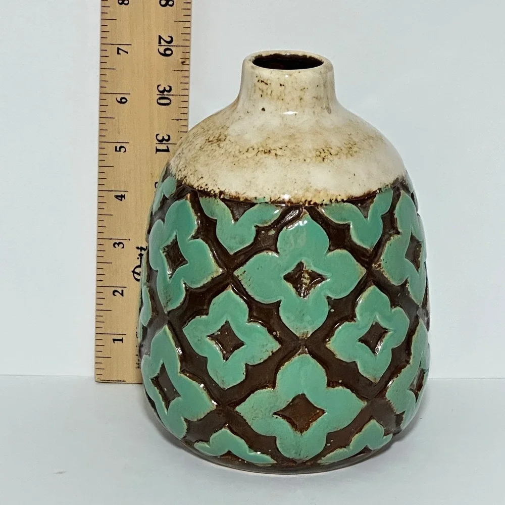 Textured Teal Brown Ceramic Bud Vase Geometric Quatrefoil Boho MCM 6.5 Inch